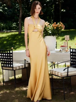 Halter Backless Satin Long Dress