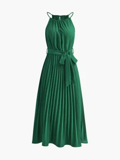Halter Belted Pleated Midi Dress