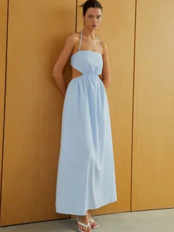 Halter Elastic Waist Cutout Long Pocket Dress