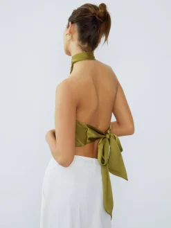 Halter Neck Twist Open Back Satin Crop Top