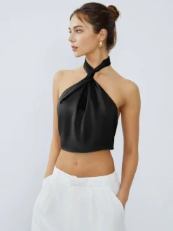 Halter Neck Twist Open Back Satin Crop Top