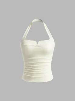 Halter Pleated Ribbed Tank Top