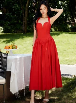 Halter Sweetheart Pleated Midi Dress