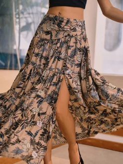 Herbal Harmony Plant Print Split Maxi Skirt