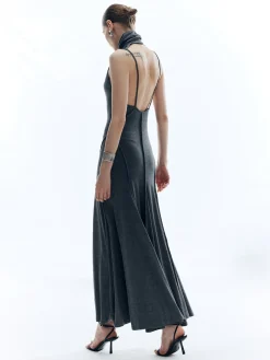 High Neck Backless Solid Dress