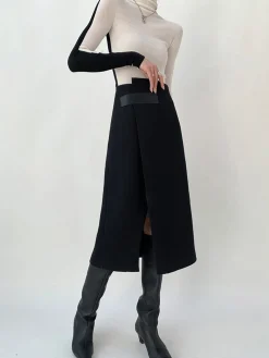 High Waist Tweed Asymmetric Wrap Midi Skirt