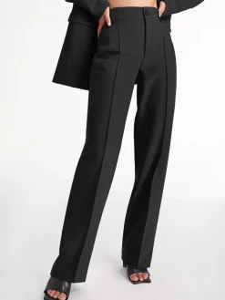High Waisted Pleat Front Solid Colored Straight Leg Trousers