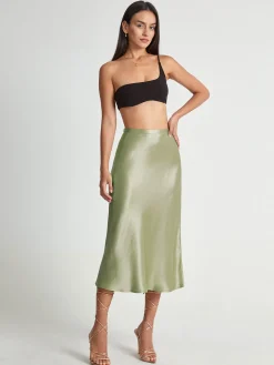 High Waisted Satin Flowy Midi Skirt