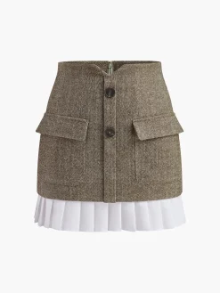 High-Waist Chevron Pleated Zipper Panel Skirt