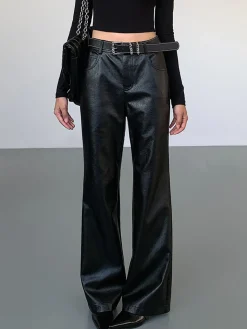 High-Waist PU Leather Pants Without Belt