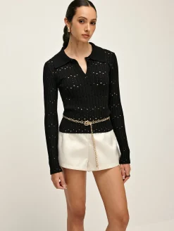 Hollow Button Polo Sweater Without Belt