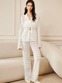 Hollow Plaid Drawstring Pants Set