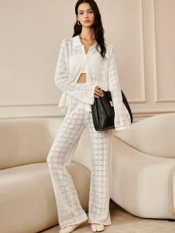 Hollow Plaid Drawstring Pants Set