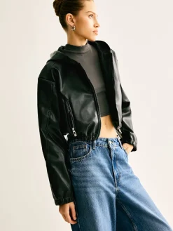 Hooded PU Leather Crop Jacket