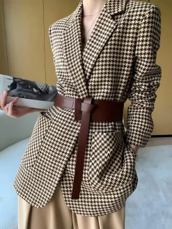 Houndstooth Split Blazer With Belt