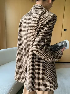 Houndstooth Split Blazer With Belt