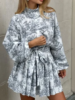 Ink Painting Print Tie Up A-Line Short Dress