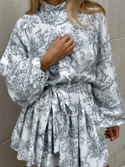 Ink Painting Print Tie Up A-Line Short Dress