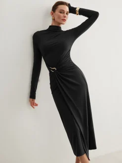 Irregular Metal-Ring Slit Pleated Dress