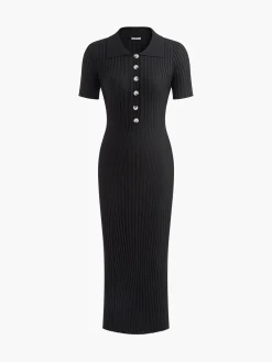 Knit Button Short Sleeve Slim Dress