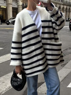 Knit Oversized Stripe Pocket Cardigan