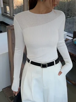 Knit Ribbed Crew Neck Asymmetric Top