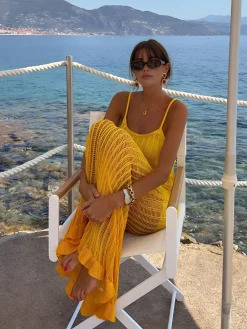 Knit Ruffle Midi Dress With Openwork Panels