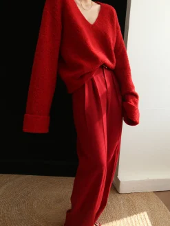 Knit Solid V-neck Long Sleeve Sweater