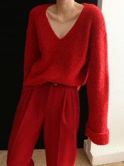 Knit Solid V-neck Long Sleeve Sweater