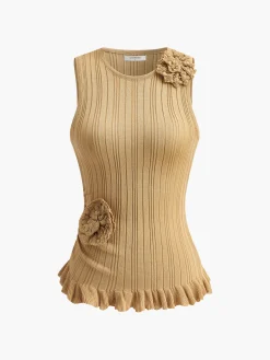 Knit-Floral Lettuce Trim Tank Top