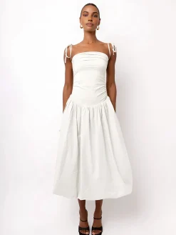 Knotted Adjustable Strap Pockets Midi Dress
