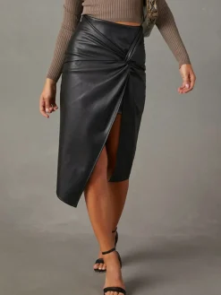 Knotted Slit Faux Leather Skirt