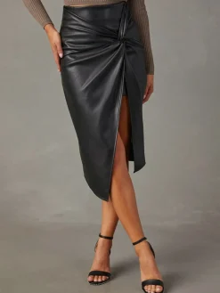 Knotted Slit Faux Leather Skirt
