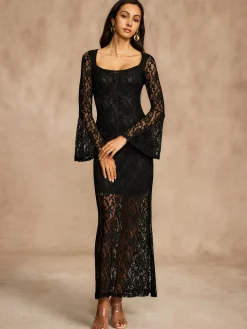 Lace Bell Sleeve Lined Dress