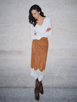 Lace Hem Suede Skirt