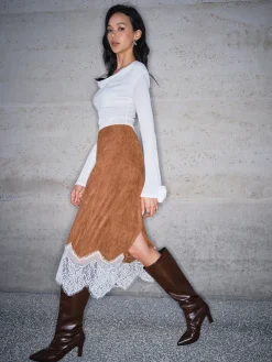 Lace Hem Suede Skirt