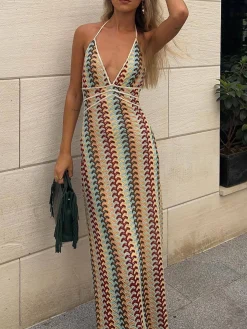 Lace Multi-Color Halter V-Neck Dress