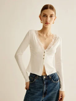 Lace Panel V-Neck Blouse