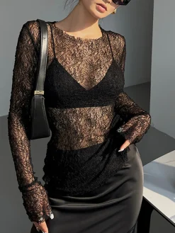 Lace Raw Hem Crew Neck Long Sleeve Top