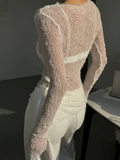 Lace Raw Hem Crew Neck Long Sleeve Top