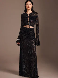 Lace Sheer Pleated Maxi Skirt Set