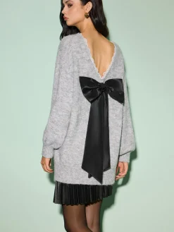 Lace Trim Bow-Decor Draped Sweater