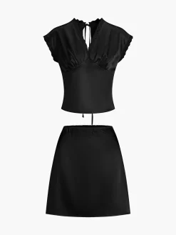 Lace Trim Satin Skirt Set