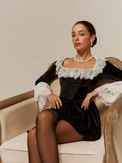 Lace Trim Velvet Short Dress