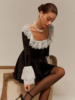 Lace Trim Velvet Short Dress