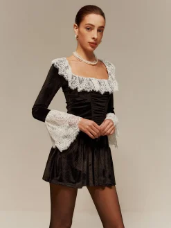 Lace Trim Velvet Short Dress