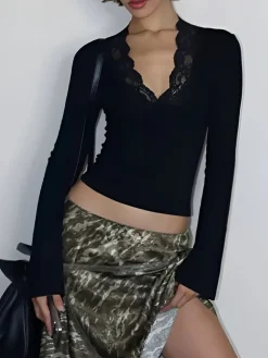 Lace Trim V-Neck T-Shirt