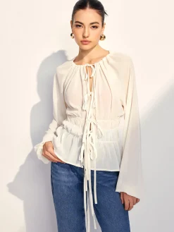 Lace Up Pleated Chiffon Shirt