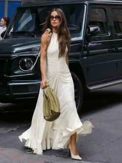 Lace Up Pleated Halter Long Dress