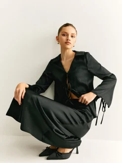 Lace Up Satin Midi Skirt Set